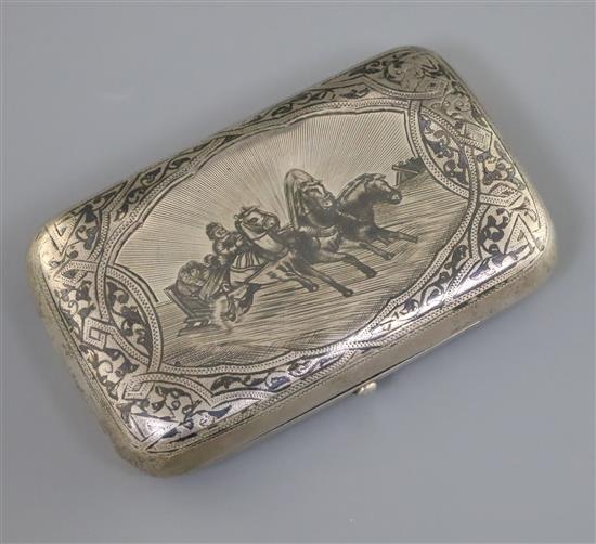 A late 19th century Russian 84 zolotnik silver and niello cigarette case, gross 155 grams.